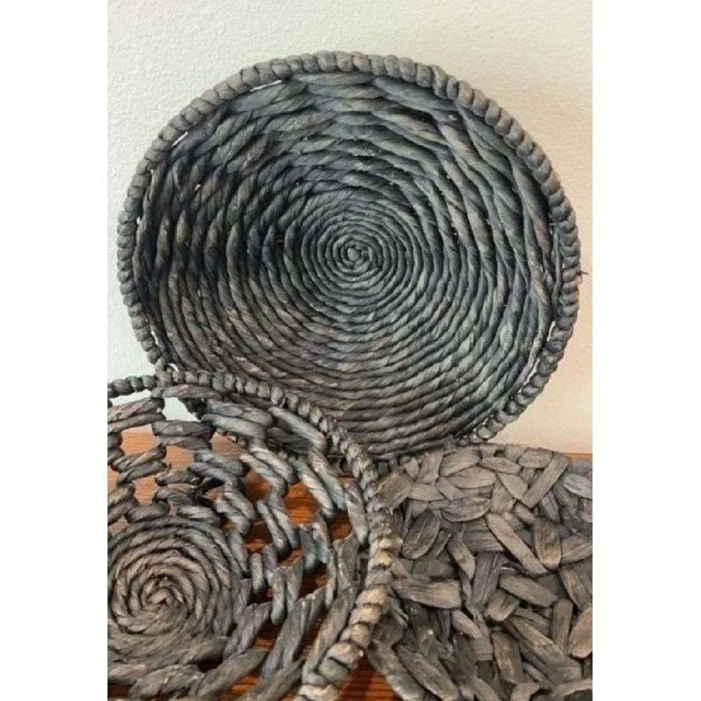 Set of 3 Dark Handwoven Wall Baskets Rustic Boho Decor Round Hanging Art 14